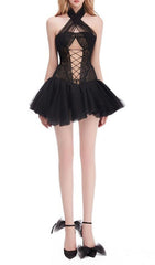 Sultry Isabella Black Halter Lace Mini Dress