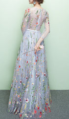 Dannell Enchanting Periwinkle Floral Embroidered Tulle Maxi Dress