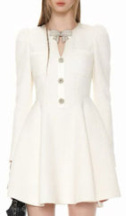 Elegant White Tweed Bow Mini Dress