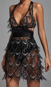Dazzling Black Sequin Halter Backless Mini Dress with Tassels