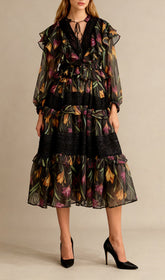 Imagine Floral Ruffle & Lace Tiered Long Sleeve Midi Dress