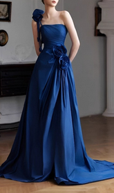 Harva Enchanting Royal Blue One-Shoulder Floral Maxi Gown