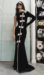 Joyce Black Velvet One-Sleeve Bow Maxi Gown