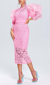Aithne Glamorous Pink Lace Midi Dress with Dramatic Organza Puff Sleeves