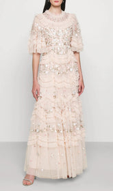 Enchanted Garden Floral Embroidered Ruffle Tulle Maxi Dress
