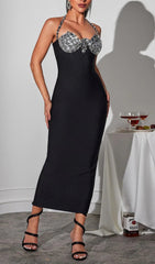 Chikako Glamorous Black Rhinestone Halterneck Bodycon Midi Dress