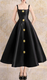 Gordie Elegant Black A-Line Midi Dress with Gold Button Embellishments