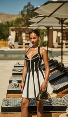 Chic Black & White Halter Mini Dress