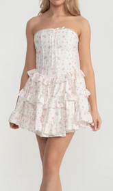 Romantic Pink Floral Strapless Ruffle Tiered Mini Dress