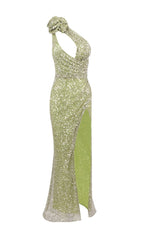 Elegant Green Sequin One-Shoulder Maxi Dress with 3D Floral & High Slit