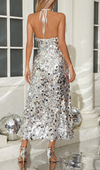 Dazzling Silver Sequin Halter Maxi Dress