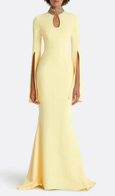 Ellema Dazzling Yellow Beaded Keyhole Long Sleeve Maxi Gown