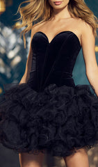 Charmian Black Velvet & Tulle Ruffle Mini Dress