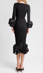 Catlin Black 3D Floral Rosette Bandage Midi Dress