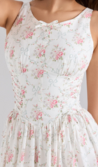 Haruhi Romantic Floral & Ribbon Sleeveless Midi Dress with Lace Trim