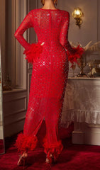 Chardea Red Rhinestone Feather Maxi Dress