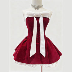 Iola Red Velvet Bowknot Strapless Mini Dress