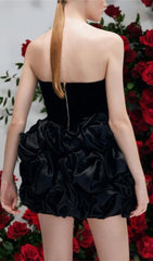 Chic Black Strapless Velvet & Satin Rose Mini Dress