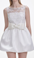 Chic White Beaded Lace & Bow Mini Dress