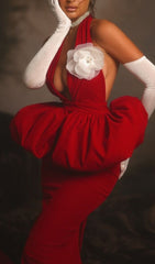 Glamorous Clor Red Halter Maxi Gown with 3D Floral & Peplum Detail