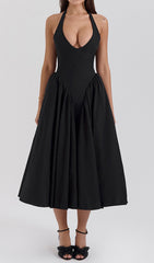 Dierdra Black Halter Deep V-Neck Midi Dress