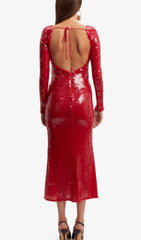 Betsy Glamorous Red Sequin Long Sleeve Midi Dress