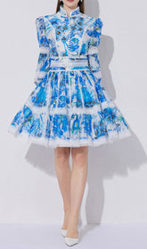 Erlene Chic Blue Floral Long Sleeve Tiered Mini Dress with Lace Trim