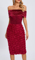 Glamorous Red Velvet Off-Shoulder 3D Rose Midi Dress