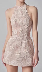 Darin Halter 3D Floral Lace Mini Dress