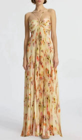 Elvan Floral Pleated Backless Maxi Dress with Chic Cutouts