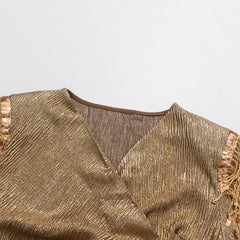 Iyeshia Liquid Gold Long Sleeve Maxi Dress with Metallic Fringe Shoulders & High Slit