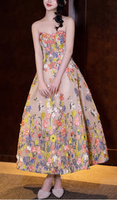 Enchanted Garden Strapless Floral Embroidered Tea Length Midi Dress