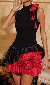 Eliette Black & Red Rose Embellished Mini Dress
