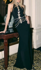 Janae Black Diamante Embellished Halter Neck Maxi Gown