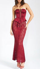 Aponi Burgundy Luxe Corset & Lace Maxi Dress