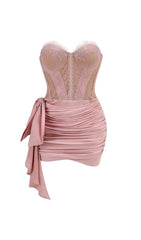 Stunning Pink Lace Strapless Corset Draped Mini Dress for Women