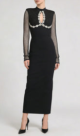 Jaliyah Black Embellished Mesh Sleeve Maxi Dress