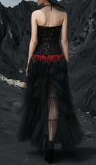Jainna Black Sequin & Red Feather Strapless Mesh Maxi Gown