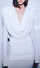Glamorous White Draped V-Neck Long Sleeve Backless Maxi Dress