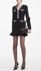 Chic Black Pearl Trim Waffle Knit Mini Dress for Women
