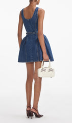 Chic Button-Front Flared Denim Mini Dress with Removable Belt