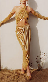 Bodie Gold Goddess Halter Draped Maxi Dress