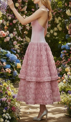 Jonila Romantic Pink Halter Midi Dress with Tiered 3D Rose Appliqu Skirt