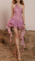Devaki Pink Halter Ruffle Mini Dress