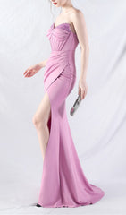 Chizue Elegant Purple Strapless Corset Maxi Dress with High Slit
