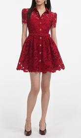 Gasha Vibrant Red Lace Belted Mini Dress
