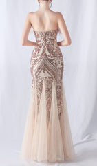 Glamorous Champagne Sequin & Feather Strapless Mermaid Gown