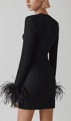 Sultry Black Feather Cuff Mini Dress