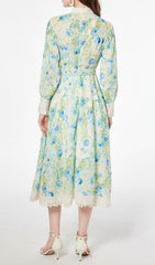 Chic Green & Blue Floral Long Sleeve Midi Dress