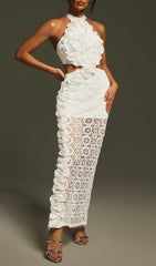 Festus White Ruffled Lace Halterneck Cutout Maxi Dress